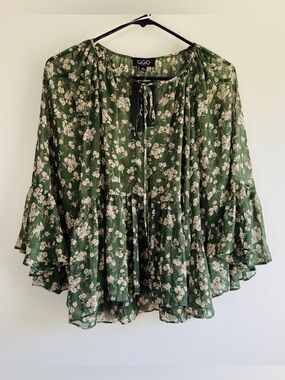 Gigio Green Floral Peasant Blouse Sheer Gold Metallic Ruffle Tie Front Peplum